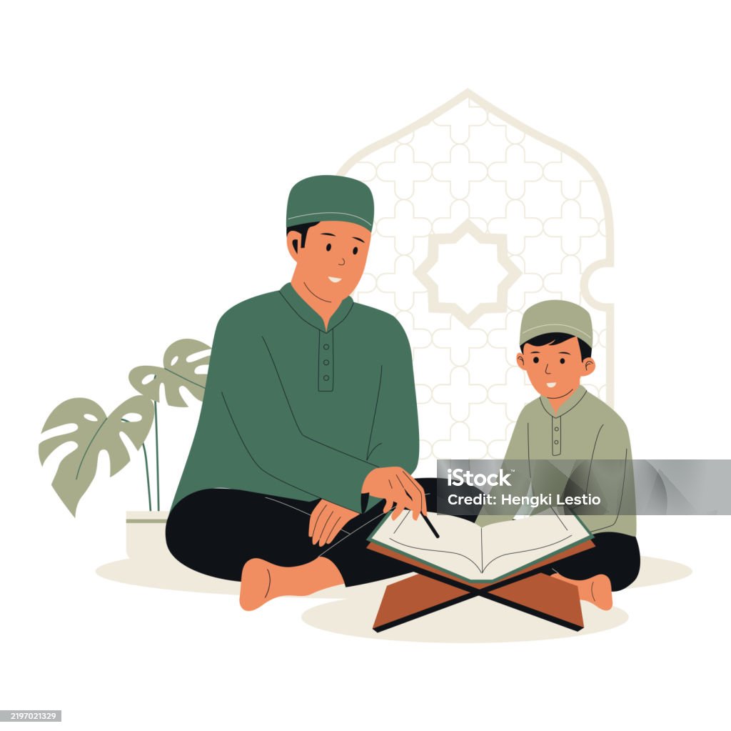 Illustration of A muslim man teach quran a muslim boy. Illustrations for websites, landing pages, mobile apps, posters and banners. Trendy flat vector illustrations